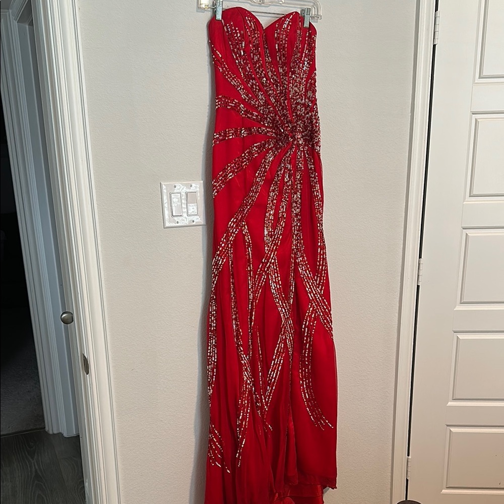Stunning Red Strapless Gown with Silver Embellishments